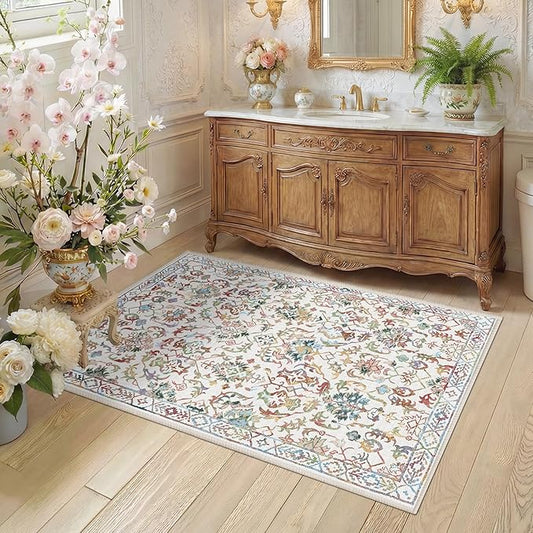 Colorful Area Rug 2x3 Entryway Rug for Bedroom Bathroom, Non-Slip Low-Pile Washable Boho Carpet Retro Accent Doormat for Laundry Room Hallway Kitchen 24x36 Inch