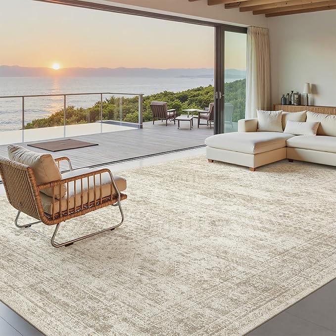 Soalmost 7x10 Area Rug for Living Room Washable Abstract Vintage Soft Thin Indoor Floor Non-Slip Carpet for Bedroom Dining Room Beige