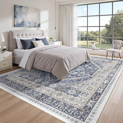 zesthome 9x12 Area Rugs,Stain Resistant Washable Rug,Ultra-Thin Rugs for Living Room,Bedroom,Non-Slip Backing Home Decor Large Area Rug (Blue/Beige,9'x12')