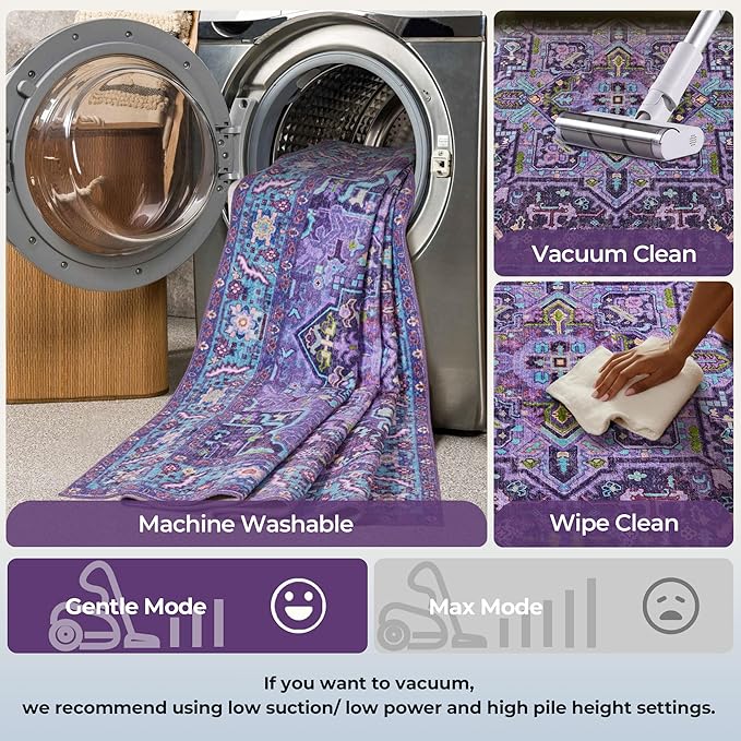 2x3 Washable Small Front Door Violet Purple with Vintage Orient Design, Soft Rug for Entryway or Kitchen, Non-Slip Low Pile Stain Resistance Features, Distressed Medallion Pattern