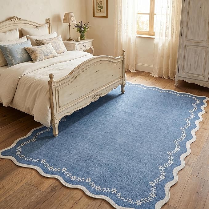 GarveeHome 5x7 Scalloped Area Rug Navy Blue Washable Rugs for Living Room Bedroom, Soft Low Pile Non Slip Accent Floor Mat Solid Floral Print Throw Rug Indoor Carpet for Dorm Playroom