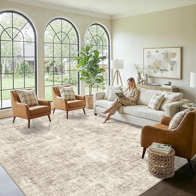 12x12ft Square Living Room Rug – Non-Slip Washable Extra Large Floor Carpet for Bedroom, Dining Room, Playroom Room – Modern Abstract Neutral Thin Low-Pile Big Indoor Rug (Warm Beige)