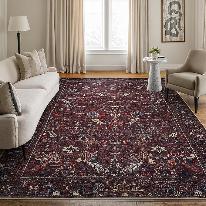 Bloom Rugs Washable Non-Slip 6' x 9' Rug - Burgundy Traditional Bordered Area Rug for Living Room, Bedroom, Dining Room, and Kitchen - Exact Size: 6' x 9'