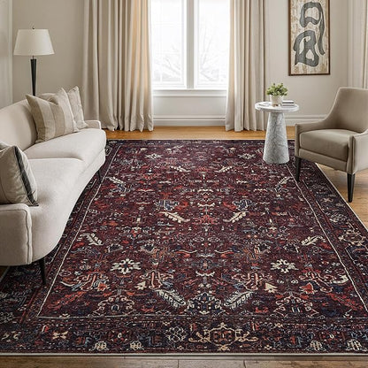 Bloom Rugs Washable Non-Slip 6' x 9' Rug - Burgundy Traditional Bordered Area Rug for Living Room, Bedroom, Dining Room, and Kitchen - Exact Size: 6' x 9'