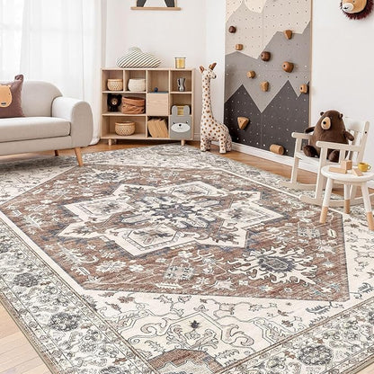 Area Rug 10x14 for Living Room - Washable Oriental Vintage Floral Distressed Large Indoor Carpets with Non Slip Back for Bedroom Dining Room Nursery Office Home Decor -Terracotta/Brown