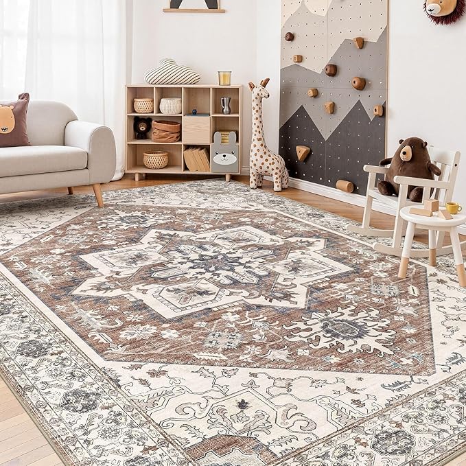 Area Rug 9x12 for Living Room - Washable Oriental Vintage Floral Distressed Large Indoor Carpets with Non Slip Back for Bedroom Dining Room Nursery Office Home Decor -Terracotta/Brown