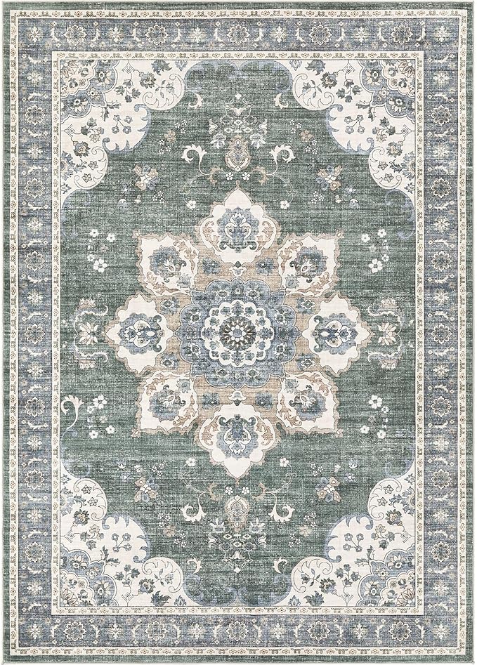 Area Rug for Living Room - 9x12 Soft Washable Oriental Vintage Floral Distressed Large Carpet - Fade Stain Resistant Non Slip Rugs for Bedroom Dining Room Nursery Dorm Office Home Decor - Green