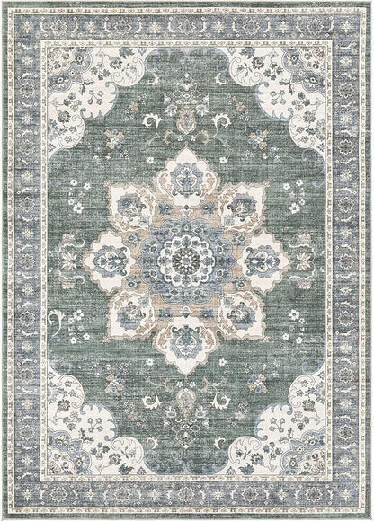Area Rug for Living Room - 9x12 Soft Washable Oriental Vintage Floral Distressed Large Carpet - Fade Stain Resistant Non Slip Rugs for Bedroom Dining Room Nursery Dorm Office Home Decor - Green