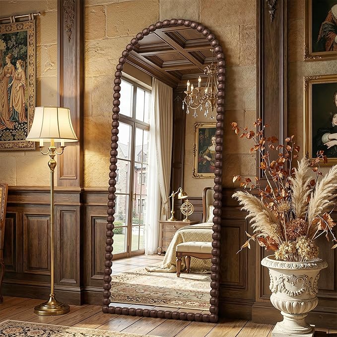 Antok 71" x 28" Arched Full Length Mirror, Antique Beaded Frame Floor Standing or Wall Mounted Mirror with Stand for Bedroom, Entryway, Brown, Luxury Style