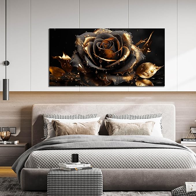 Ouzzlie Rose Picture Art for Living Room Flower Wall Decor Large Black and Gold Wall Art Artwork Floral Canvas Art Home Office 29" x 59"