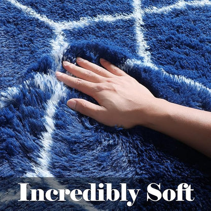 ONASAR 5x7 Area Rugs for Living Room Bedroom, Fluffy Navy Blue and White Throw Rug, Geometric Boho Soft Plush Shaggy Floor Carpet for Nursery Kids Girls Boys Teen Dorm Home Decor Aesthetic