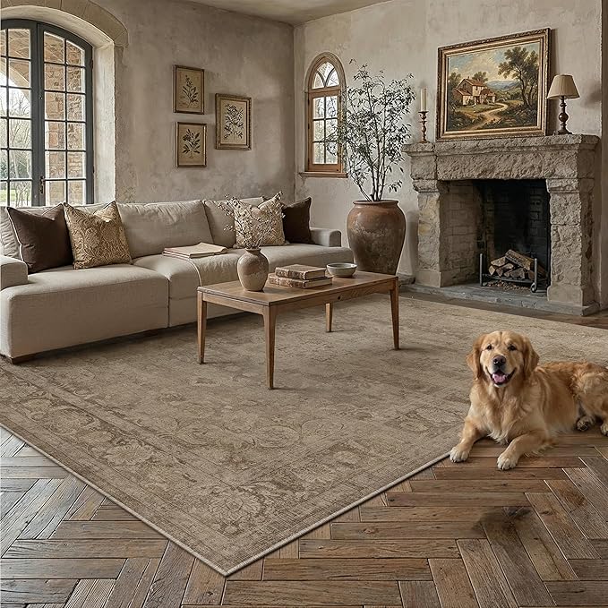 PureCozy Brown Area Rug 9x12 Washable Vintage Living Room Bedroom Carpet Non Slip Soft Low Pile Distressed Medallion Indoor Floor Retro Throw Large Rug for Dining Room Office