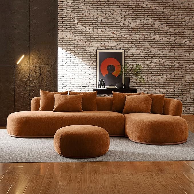 WILLIAMSPACE 134.63" Oversize Curved Sofa Cloud Couch with Round Chaise, Modern Upholstered Curved Sectional Sofa Couch with 6 Pillows for Living Room, No Assembly (Right-Facing,Orange)