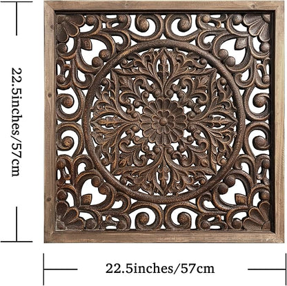 XIAOAIKA Boho Carved Wood Wall Sculpture, Intricate Floral Mandala Design with Distressed Brown Finish, Vintage Farmhouse Wall Art Panel with Solid Wood Frame for Bedroom Entryway (22.5" x 22.5")