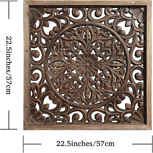 XIAOAIKA Boho Carved Wood Wall Sculpture, Intricate Floral Mandala Design with Distressed Brown Finish, Vintage Farmhouse Wall Art Panel with Solid Wood Frame for Bedroom Entryway (22.5" x 22.5")