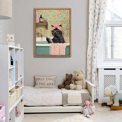 Floating Framed Bathroom Cat Canvas Wall Art, Funny Black Cat Reading Wall Decor, Cute Animal Prints Pictures Posters for Living Room Bedroom Toilet Kids Room Paintings 12x16 inch