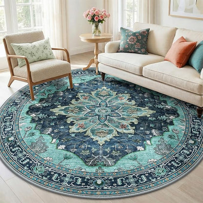 RELEANY Area Rugs Round 6ft Washable Non-Slip, Floral Vintage Distress Print Pattern Medallion Carpet for Living Room Bedroom Dining Room, Teal Green Lake Blue Turquoise