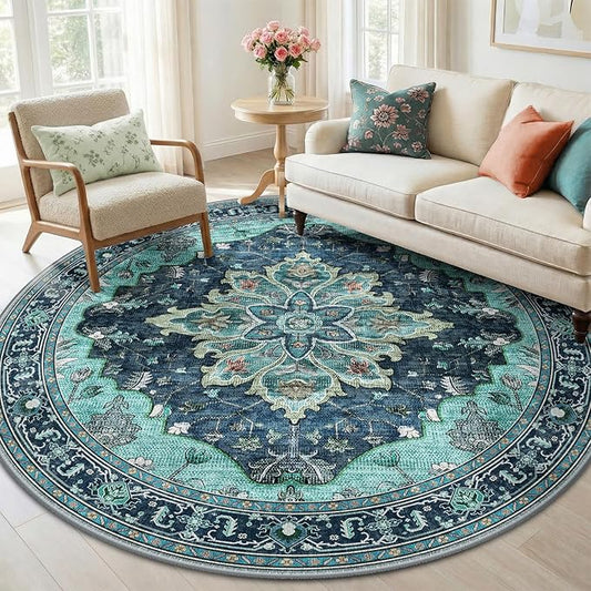 RELEANY Area Rugs Round 6ft Washable Non-Slip, Floral Vintage Distress Print Pattern Medallion Carpet for Living Room Bedroom Dining Room, Teal Green Lake Blue Turquoise