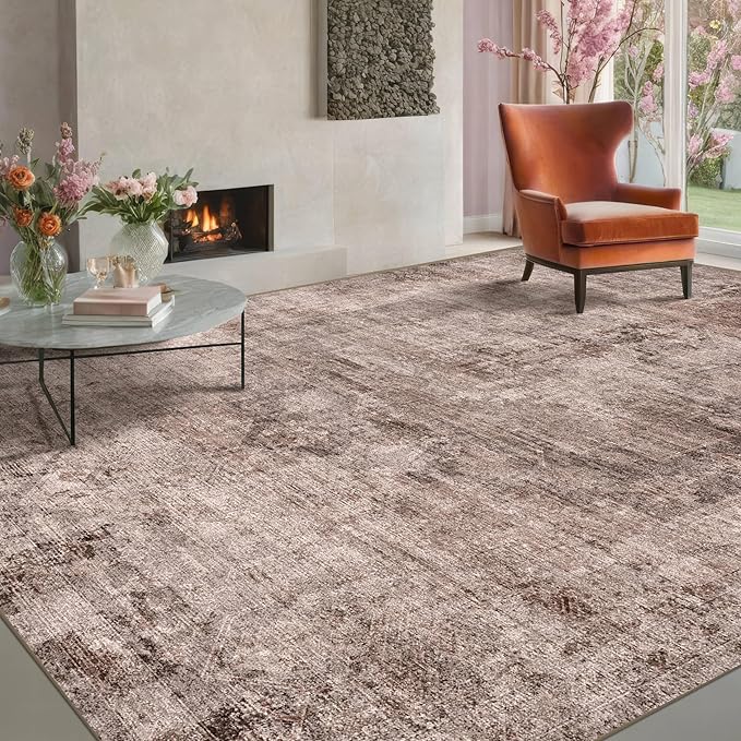 Hazo Haus Brown Living Room Rug 9x12 - Retro Large Rug for Dining Room, Fireplace, Bedroom, Washable Non Slip Low Pile Abstract Warm Brown and Terracotta