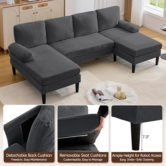 Korser 101" Sectional Couches for Living Room, U Shaped Sofa with Double Chaise Lounge, Modern Chenille Fabric 4-Seat Couch for Apartment/Small Space, Grey