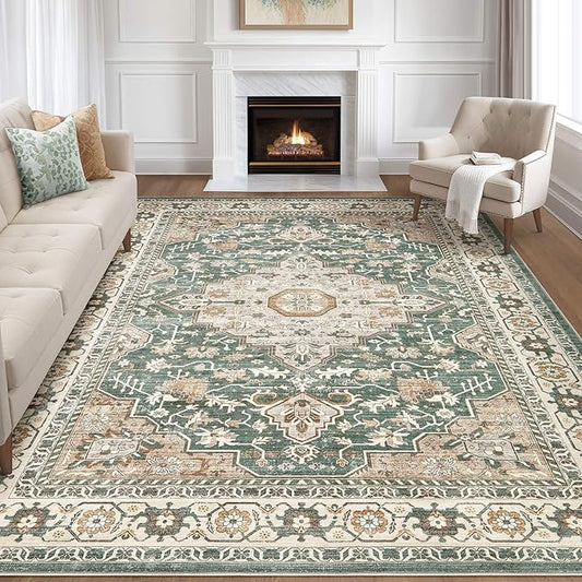 Green Rug Living Room Rugs: 8x10 Washable Boho Large Vintage Soft Stain Resistant Farmhouse Oriental Non Slip Indoor Floor Carpet for Bedroom Nursery Kids Playroom Office Dining Room Home Decor