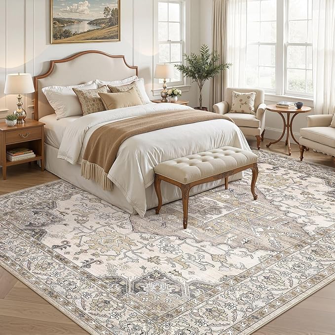 9x12 Washable Area Rugs for Living Room: Non Slip Vintage Brown Rug, Large Soft Stain Resistant Indoor Floor Carpets for Bedroom Dining Room Farmhouse Nursery Home Office Kid & Pet Friendly