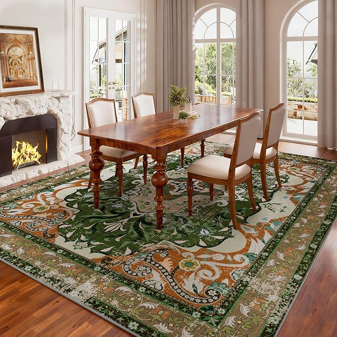 RUSHUFFY 6x9 Washable Area Rugs for Living Room, Non-Slip Boho Vintage Traditional Medallion Print Pattern Carpet for Bedroom Dining Room Farmhouse Nursery Room, Dark Green