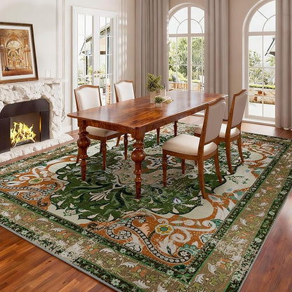 RUSHUFFY 5x7 Washable Area Rugs for Bedroom, Vintage Boho Distressed Print Pattern Rugs for Living Room, Soft Non-Slip Carpet for Indoor Dining Room Nursery Farmhouse Girls Room, Dark Green