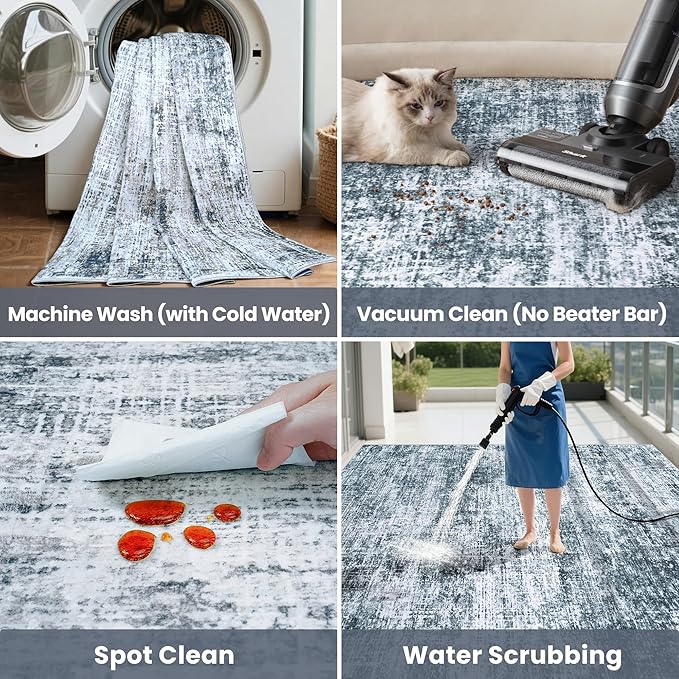 6x9 Area Rugs Washable Rug:Anti-Skid Abstract Modern Living Room Rug Soft Thin Carpets Indoor Floor Non-Shedding Carpet for Bedroom Dining Farmhouse Nursery Home Office(Light Slate Blue/White, 6x9)