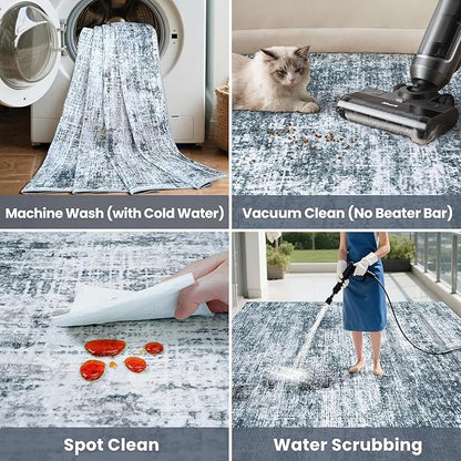 9x12 Area Rugs Washable Rug:Anti-Skid Abstract Modern Living Room Rug Soft Thin Carpets Indoor Floor Non-Shedding Carpet for Bedroom Dining Farmhouse Nursery Home Office(Light Slate Blue/White, 9x12)