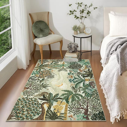 GarveeHome 3x5 Washable Area Rug for Bedroom, Jungle Animal Soft Tiger Rug Non Slip Low Pile Green Carpet Stain Resistant Throw Rug for Bedside Kids Room Office Dining Room