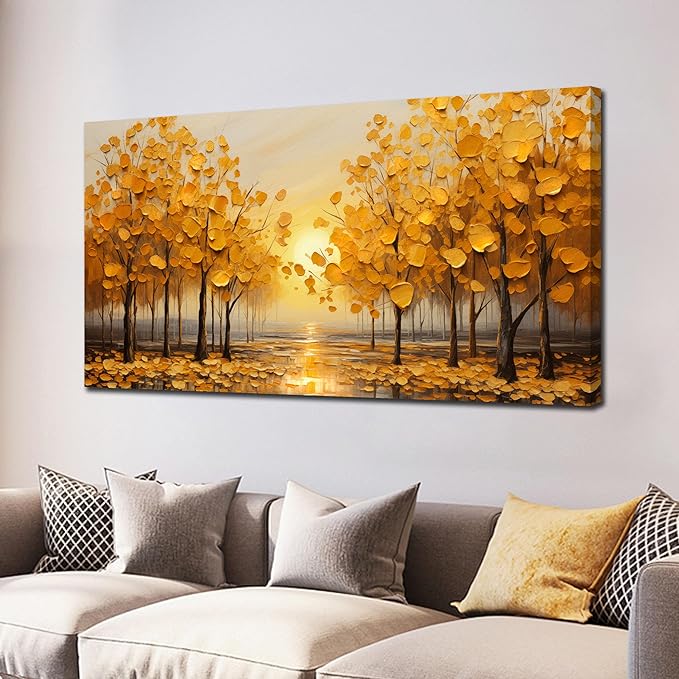 Tree Painting Wall Art Bedroom Yellow Wall Pictures for Living Room Office Wall Art Decor 24 x 48 Inch