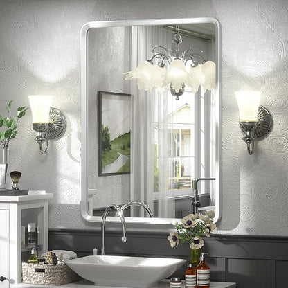 22x30 Inch Silver Bathroom Mirror, Silver Metal Frame Mirror, Rounded Rectangle Bathroom Vanity Mirror, Shatterproof, Anti-Rust (Horizontal/Vertical)
