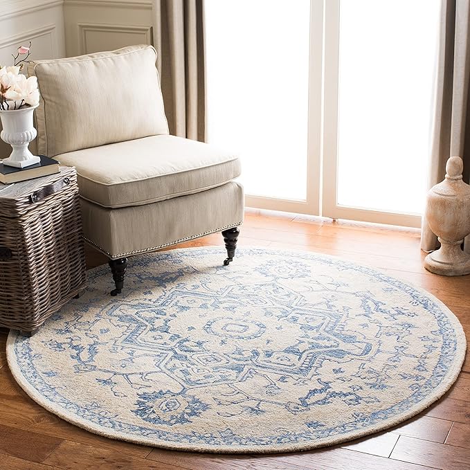 SAFAVIEH Micro-Loop Collection 3' Round IvoryBlue MLP503G Handmade Shabby Chic Medallion Premium Wool Entryway Foyer Living Room Bedroom Kitchen Area Rug