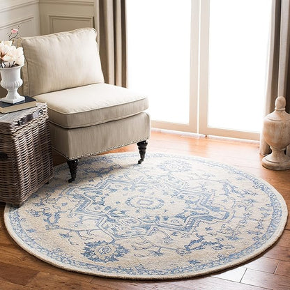 SAFAVIEH Micro-Loop Collection 3' Round IvoryBlue MLP503G Handmade Shabby Chic Medallion Premium Wool Entryway Foyer Living Room Bedroom Kitchen Area Rug