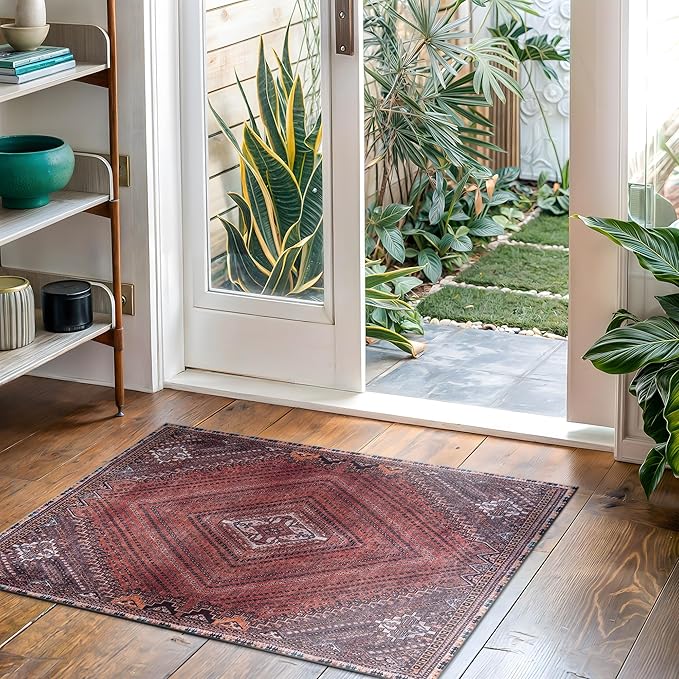 Bloom Rugs Washable Non-Slip 2' x 3' Rug - Red/Multicolor Traditional Bordered Area Rug for Living Room, Bedroom, Dining Room, and Kitchen - Exact Size: 2' x 3'