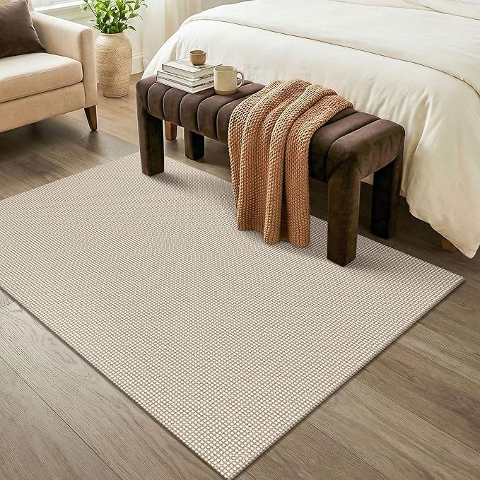 KOZYFLY Washable Area Rug 4x6 ft Non Slip Rubber Backed Living Room Rugs Braided Woven Cotton Kitchen Rugs Indoor Outdoor Entryway Rug for Dining Living Room Bedroom, Ivory/Camel/Brown