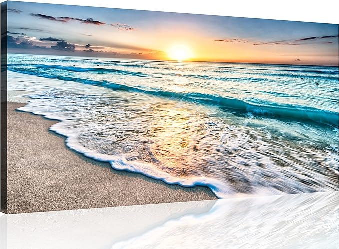 TutuBeer 1 Panel Beach Wall Art Beach Pictures Ocean Pictures Wall Decor Blue Sea Sunset White Ocean Print on Canvas Seascape Canvas Art for Bedroom Home Decor Ready to Hang 30x60 inch