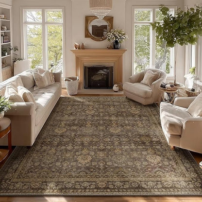 Washable 8x10 Area Rugs for Living Room, Boho Non-Slip Vintage Distress Large Rugs for Bedroom Dining Room Nursery Office, 0.3" Neutral Oriental Throw Thin Carpet, Red/Brown/Multi, C4