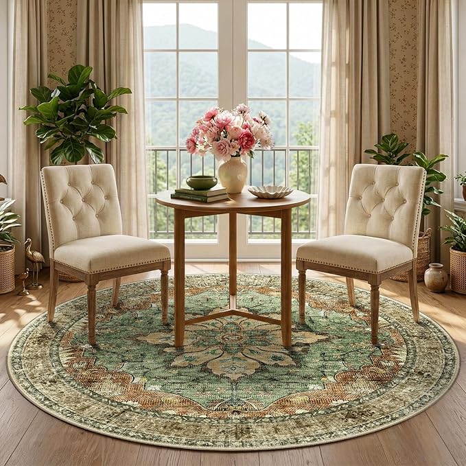 RELEANY Area Rugs Round 5ft Washable Non-Slip, Floral Vintage Distress Print Pattern Medallion Carpet for Living Room Bedroom Dining Room, Brick Red Rust Neutral Brown Burnt Orange Green