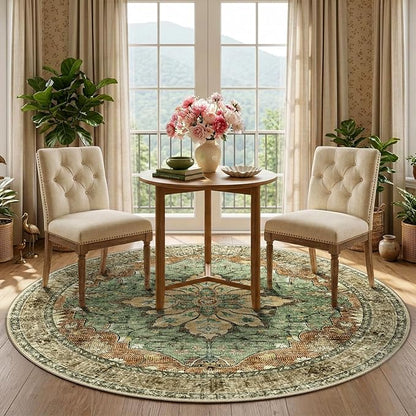 RELEANY Area Rugs Round 5ft Washable Non-Slip, Floral Vintage Distress Print Pattern Medallion Carpet for Living Room Bedroom Dining Room, Brick Red Rust Neutral Brown Burnt Orange Green