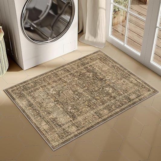 2x3 Brown Entryway Rug Non Slip Washable Area Rug Soft Vintage Boho Throw Rug Retro Distressed Floral Carpet Indoor Farmhouse Decor Low Pile Small Door Mat for Kitchen Bathroom Bedroom Laundry Office