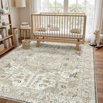 5x7 Washble Area Rugs - Large Stain Resistant Rugs for Living Room Bedroom Non Slip Backing Area Rug Vintage Home Decor Rug (Brown/Ivory,5'x7')