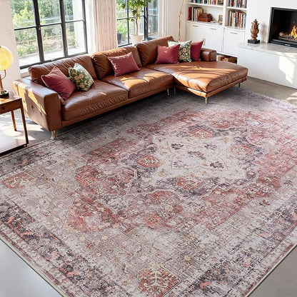 YOH Boho Washable Rug 9x12, Rust Red Vintage Non Slip Area Rug, Distressed Indoor Carpet for Living Room Bedroom Kitchen Office