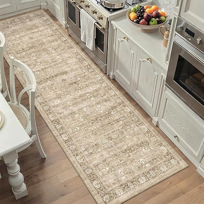 2'6"x8' Beige Runner Rug Hallway Non Slip Washable Area Rugs Kitchen Soft Khaki Vintage Boho Long Rug Distressed Floral Carpet Indoor Low Pile Throw Rug for Bedroom Bathroom Laundry Dining Room Office