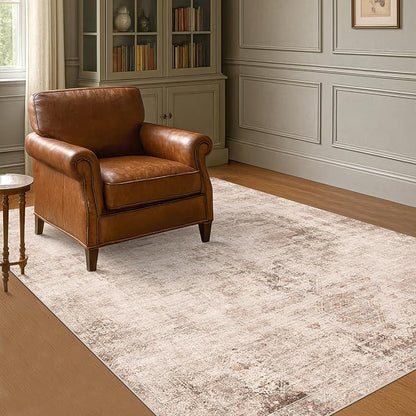 Hazo Haus Neutral Farmhouse Area Rug for Bedroom - 6x8 Washable Rug for Dining Room Table, Ultra-Thin Soft Textured Boho Indoor Decor, Fade & Stain Resistant
