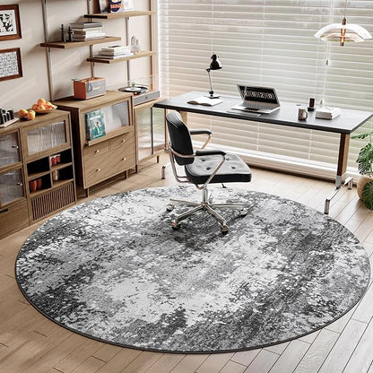 Round Area Rugs 4ft Washable Grey Circle Rug for Entryway Kitchen, Non Slip Soft Low Pile Stain Resistant, Boho Circular Carpet for Living Room Bedroom Dorm Dining Room Table, Abstract Gray