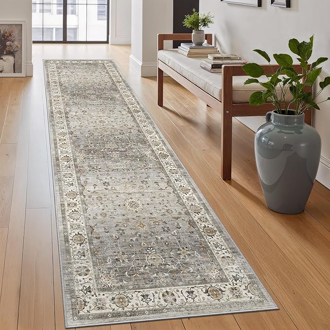 2x8 Washable Hallway Runner Rug - Kitchen Rugs with Non Slip Backing Vintage Soft Farmhouse Entryway Mat for Living Room Laundry Bedroom Bathroom Ivory/Grey