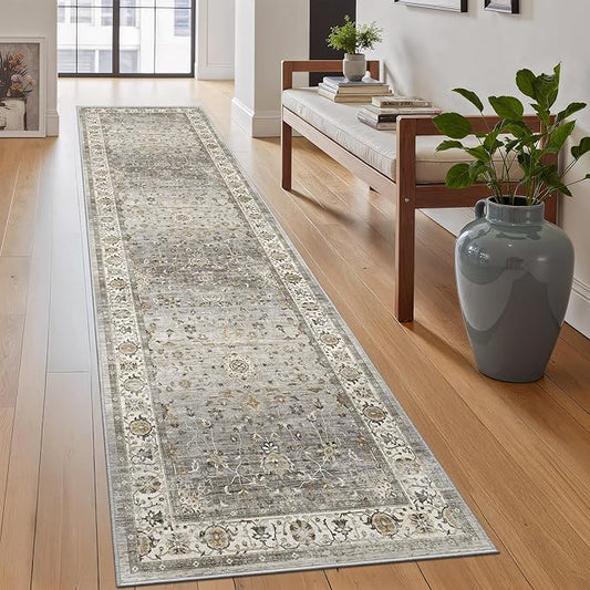 2x8 Washable Hallway Runner Rug - Kitchen Rugs with Non Slip Backing Vintage Soft Farmhouse Entryway Mat for Living Room Laundry Bedroom Bathroom Ivory/Grey