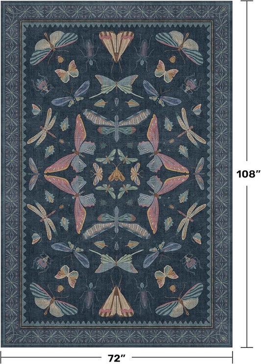 Boho Living Room Area Rug 6x9, Non Slip Dining Room Rugs for Under Table, Washable Soft Low Pile Bedroom, Vintage Insect Moth Dark Home Décor, Stain Resistant Carpet (Navy Blue)